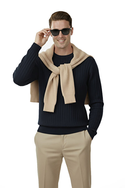 DeepSEA Men's Navy Blue Comfortable Fit Striped Textured Knit Sweater – Stylish & Modern Design 2605432