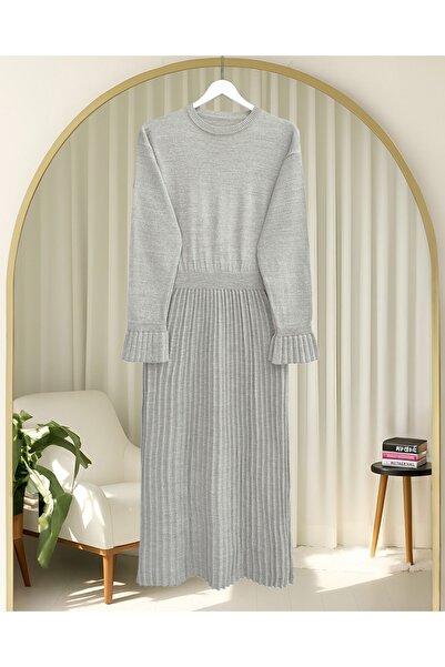 Modamorfo Eteği Corded Fabric Long Knitwear Dress with Elastic Waist and Cape Detail - Light Mink