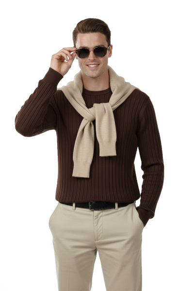 DeepSEA Men's Brown Comfortable Fit Striped Textured Knit Sweater – Stylish & Modern Design 2605432