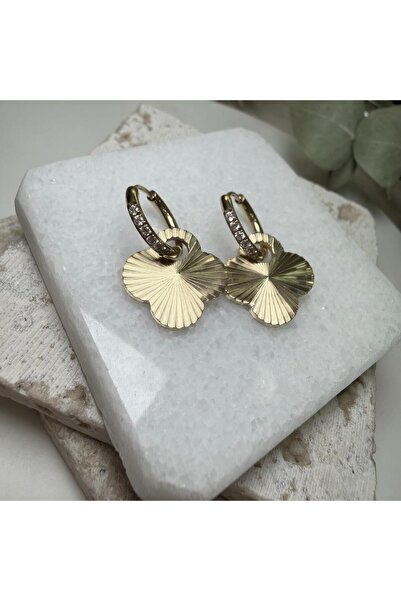 nesdesign Çelik Taşlı Gold Dövme Yonca Pullu Küpe