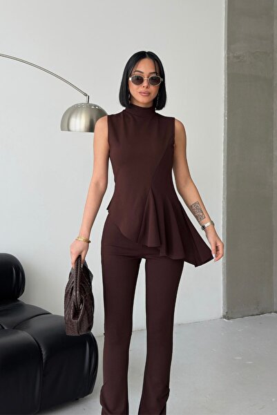 AKD Atelier Women's Bottom Top Set Zero Sleeve Turtleneck Ruffled Asymmetric Blouse Flared Shirred Pants