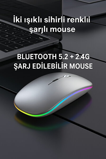 MA Beyaz Kablosuz mouse Sessiz RGB ledli şarj Edilebilir 2.4G + Bluetooth çift bağlantı