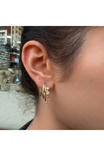 nesdesign Üçlü C Model Taşlı Zarif Gold Küpe