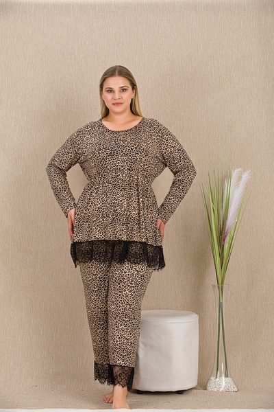 lidofya Black Lace Long Sleeve Plus Size Leopard Print Pajama Set