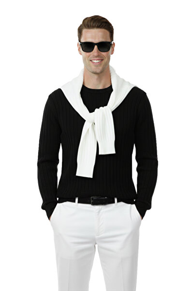 DeepSEA Men's Black Comfortable Fit Striped Textured Knit Sweater – Stylish & Modern Design 2605432