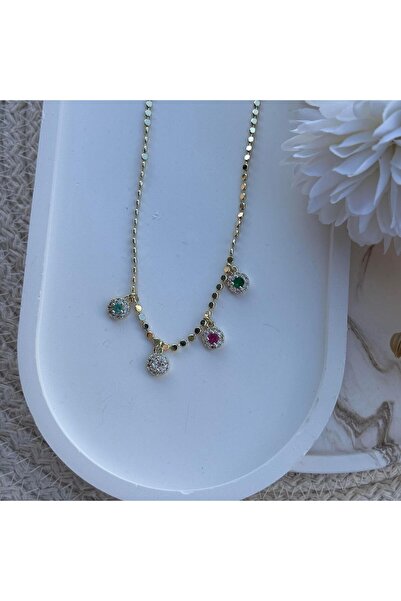 nesdesign Altın Kaplama Yuvarlak Renkli Taşlı Pul Zincir Kolye (50 cm)