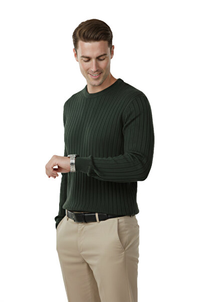 DeepSEA Men's Khaki Comfortable Fit Striped Textured Knit Sweater – Stylish & Modern Design 2605432