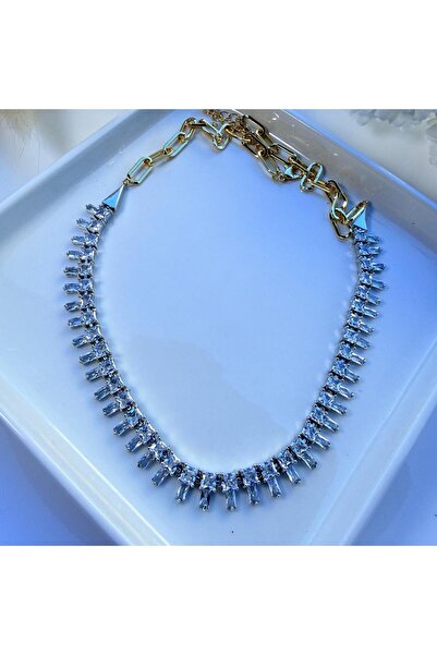 nesdesign 14K Altın Kaplama Ataç Zincir Detaylı Zirkon Taşlı Kolye (45+6 cm)