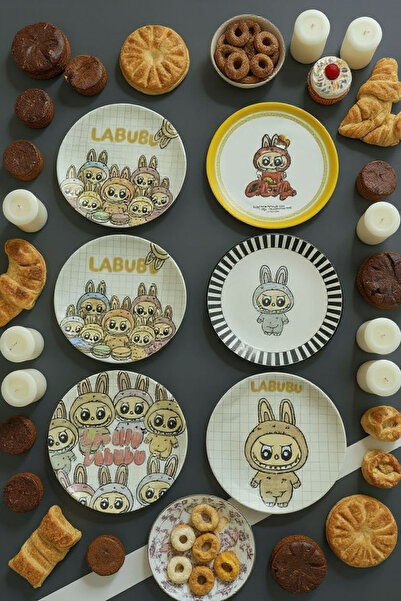 Kezze LABUBU Desenli 6'lı Seramik Pasta-Tatlı-Çerez Sunum Tabağı & Renkli Mod...