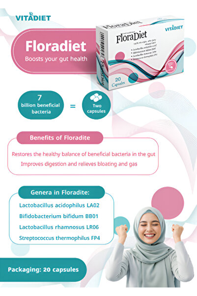 White flower FloraDiet is a dietary supplement containing beneficial bacteria (probiotics). 20 capsules.