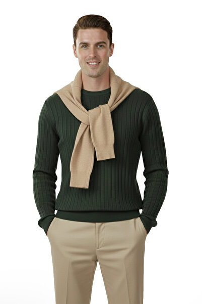 DeepSEA Men's Khaki Comfortable Fit Striped Textured Knit Sweater – Stylish & Modern Design 2605432