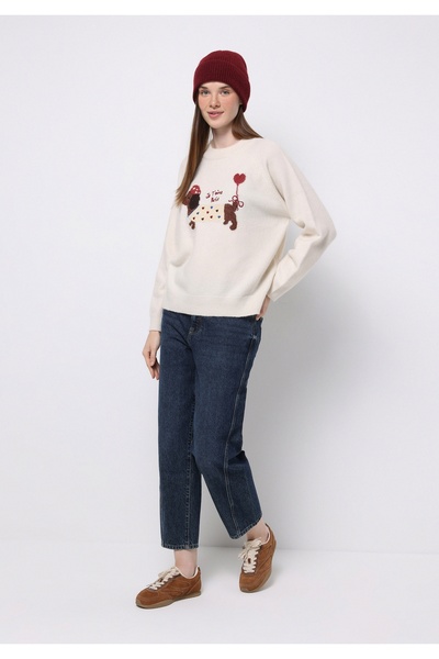Colin's Relaxed Fit Round Neck Printed Women's Ecru Sweater