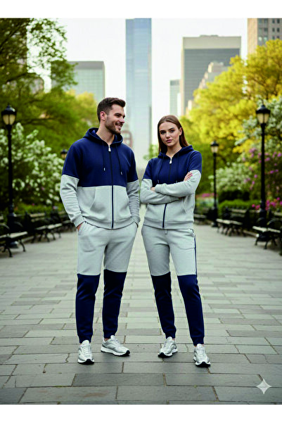 HOFFNUNG 3Iplik Daily Hooded Top and Sweatpants Set Solid Color Removable Hooded Sweatshirt Full Zip