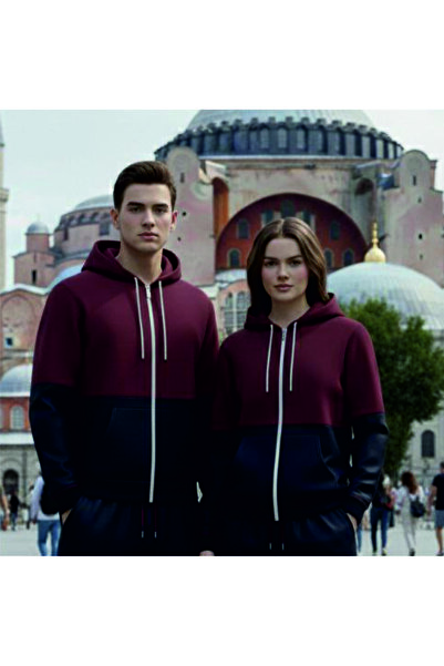 HOFFNUNG 3Iplik Daily Hooded Zip Sweatshirt Solid Color Removable Hooded Sweatshirt Zip