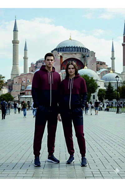 HOFFNUNG 3Iplik Daily Hooded Top and Sweatpants Set Solid Color Removable Hooded Sweatshirt Full Zip