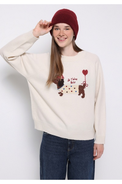 Colin's Relaxed Fit Round Neck Printed Women's Ecru Sweater