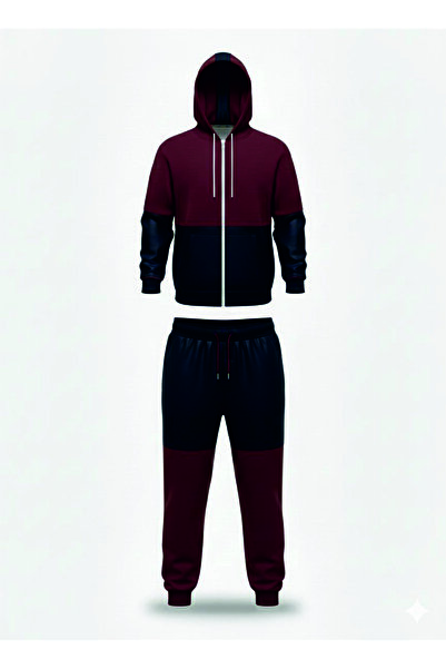 HOFFNUNG 3Iplik Daily Hooded Top and Sweatpants Set Solid Color Removable Hooded Sweatshirt Full Zip