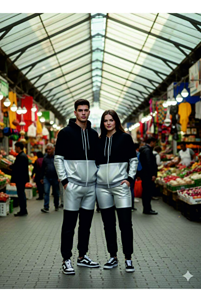 HOFFNUNG 3Iplik Daily Hooded Top and Sweatpants Set Solid Color Removable Hooded Sweatshirt Full Zip