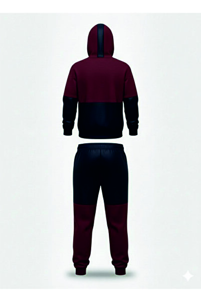 HOFFNUNG 3Iplik Daily Hooded Top and Sweatpants Set Solid Color Removable Hooded Sweatshirt Full Zip