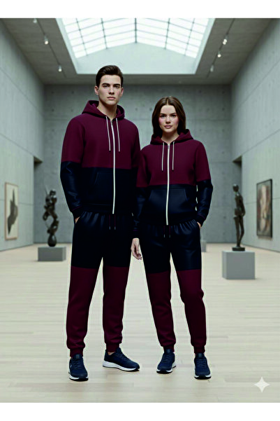 HOFFNUNG 3Iplik Daily Hooded Top and Sweatpants Set Solid Color Removable Hooded Sweatshirt Full Zip