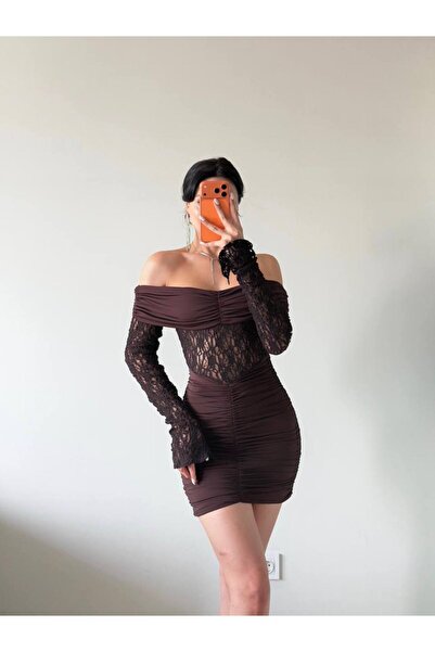 Miss Beyoğlu Kadın Dantel Strapez Büzgülü Kahverengi, Siyah Mini Elbise Şık G...