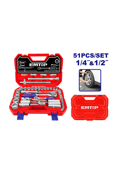 EMTOP Trusă Scule ESKT42511, 51 Piese, 1/4″ + 1/2″, Clichet 45T, CR-V, Cutie BMC