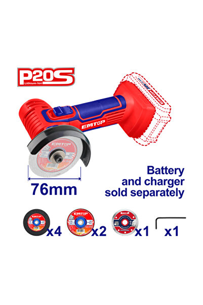 EMTOP Mini Angle Grinder Without Battery And Charger, 76 Mm, 7 Discs Included
