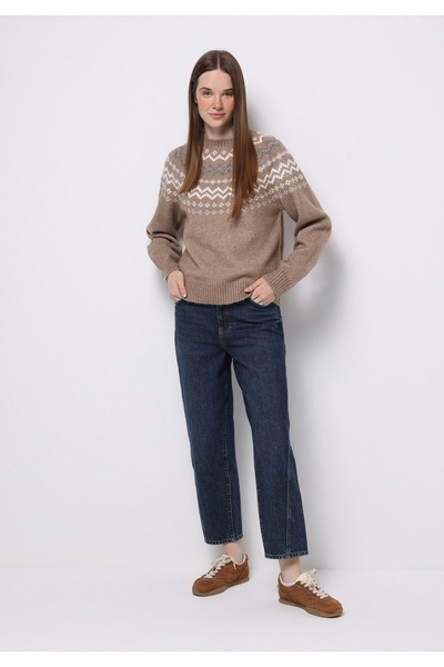 Colin's Regular Fit Turtle Neck Printed Women's Beige Sweater