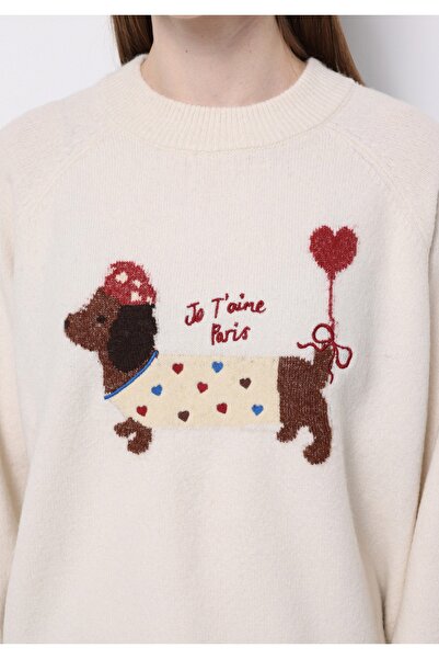 Colin's Relaxed Fit Round Neck Printed Women's Ecru Sweater