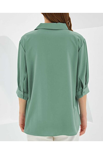 Modamorfo Women's Green Shirt Collar Satin Blouse 0493