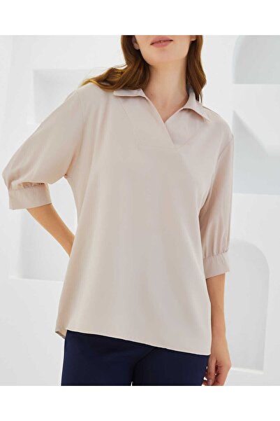 Modamorfo Women's Cream Shirt Collar Satin Blouse 0493