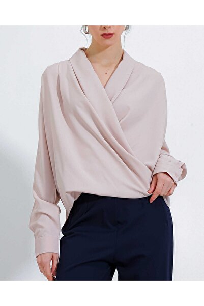 Modamorfo Γυναικεία κρεμ μπλούζα με διπλό γιακά ρέον σατέν 0492