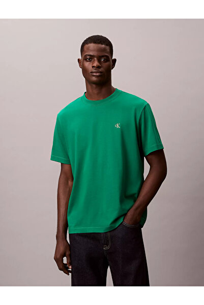 Calvin Klein Men's Regular Fit Round Neck Chest Ck Logo Cotton Short Sleeve Green T-Shirt Lv04Rc275G-2Es
