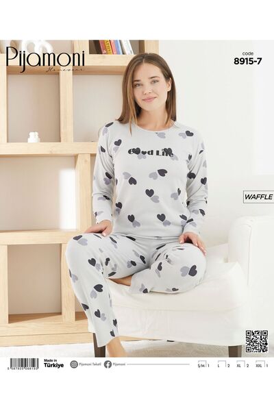 Pijamoni KADIN WAFFLE GOOD LİKE VE KALP BASKILI GRİ TAKIM