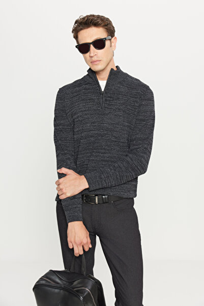 ALTINYILDIZ CLASSICS Pulover pentru bărbați din bumbac antracit-melange, cu potrivire standard, normal croială cu guler bato, tricotaj jacquard