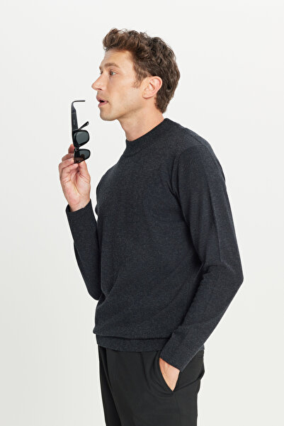 ALTINYILDIZ CLASSICS Men's Anthracite-Melange Wool Standard Fit Regular Cut Half Turtleneck Knitwear Sweater