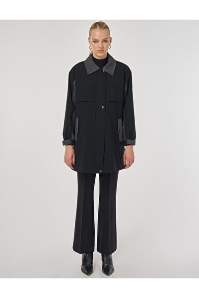 Kayra Denim Paneled Short Trench Coat Black