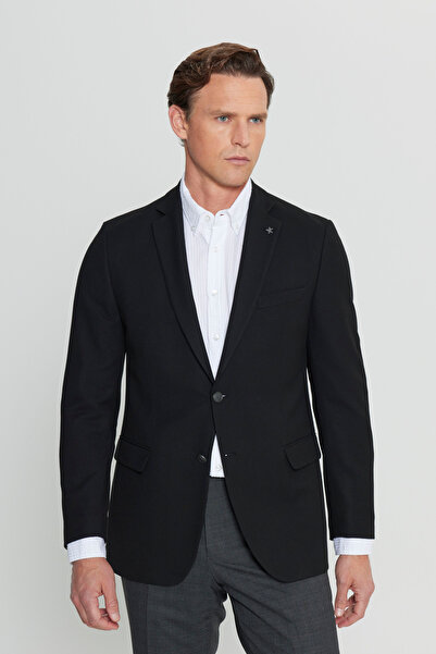 ALTINYILDIZ CLASSICS Men's Black Slim Fit Slim Fit Mono Collar Diagonal Patterned Double-Breasted Blazer Jacket with Flap Pockets