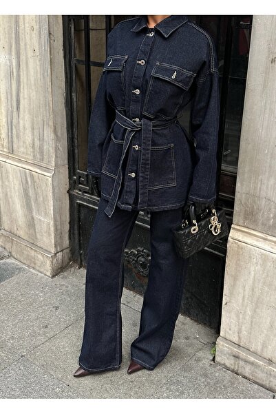 MEECY Dark Navy Blue Tie-Up Denim Suit Oversized Jacket and High Waist Pants