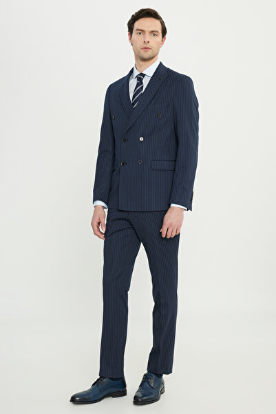 ALTINYILDIZ CLASSICS Men's Navy Blue-White Slim Fit Slim Fit Swallow Collar Cover Pocket Double-Breasted Suit