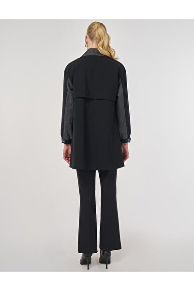 Kayra Denim Paneled Short Trench Coat Black