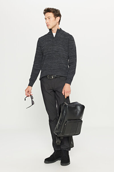 ALTINYILDIZ CLASSICS Pulover pentru bărbați din bumbac antracit-melange, cu potrivire standard, normal croială cu guler bato, tricotaj jacquard