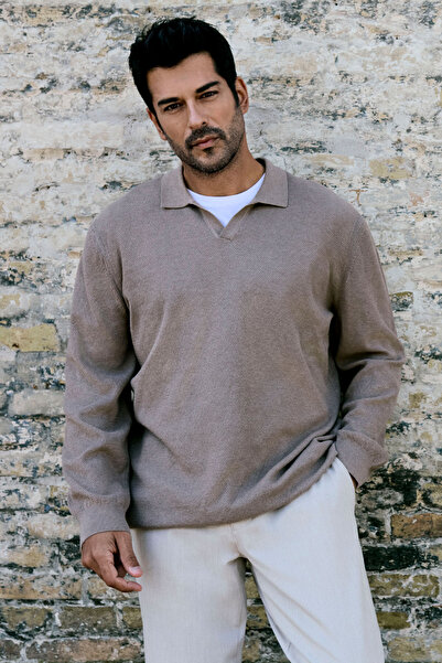 ALTINYILDIZ CLASSICS Pulover pentru bărbați, din bumbac, bej, cu potrivire standard, normală, croială cu guler polo, tricotaj jacquard