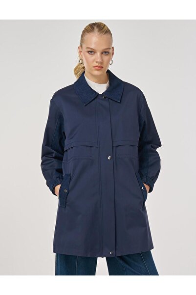 Kayra Denim Paneled Short Trench Coat Dark Navy Blue