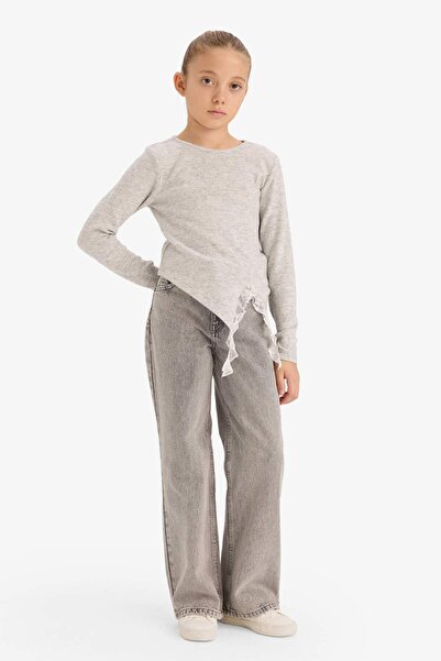 DeFacto Girls' Slim Fit Slim Fit Lace Detailed Corded Fabric Ribbed Knit Long Sleeve T-Shirt G6414A825Wn