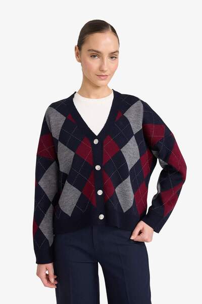 DeFacto Regular Fit V Neck Baklava Patterned Buttoned Knitwear Cardigan G6655Ax25Wn