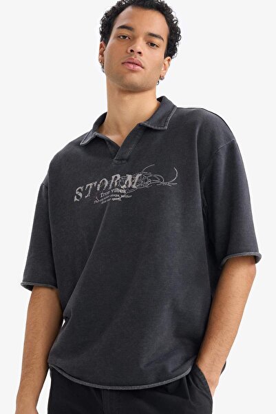 DeFacto Loose Fit Polo Neck Printed Short Sleeve T-Shirt G4429Ax25Wn