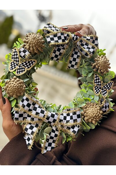 Marrone Large Door Ornament 40 cm Glitter Checkered Ribbon