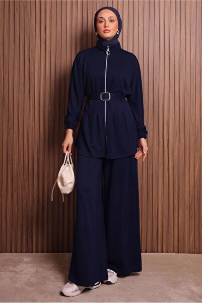 TRENDTESETTÜR Women's Navy Blue Pants Suit with Belt t 9935