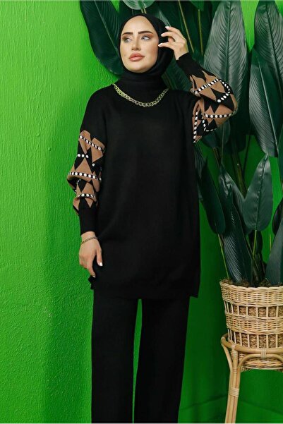 TRENDTESETTÜR Women's Black Sleeved Patterned Knit Tunic t 3408-1